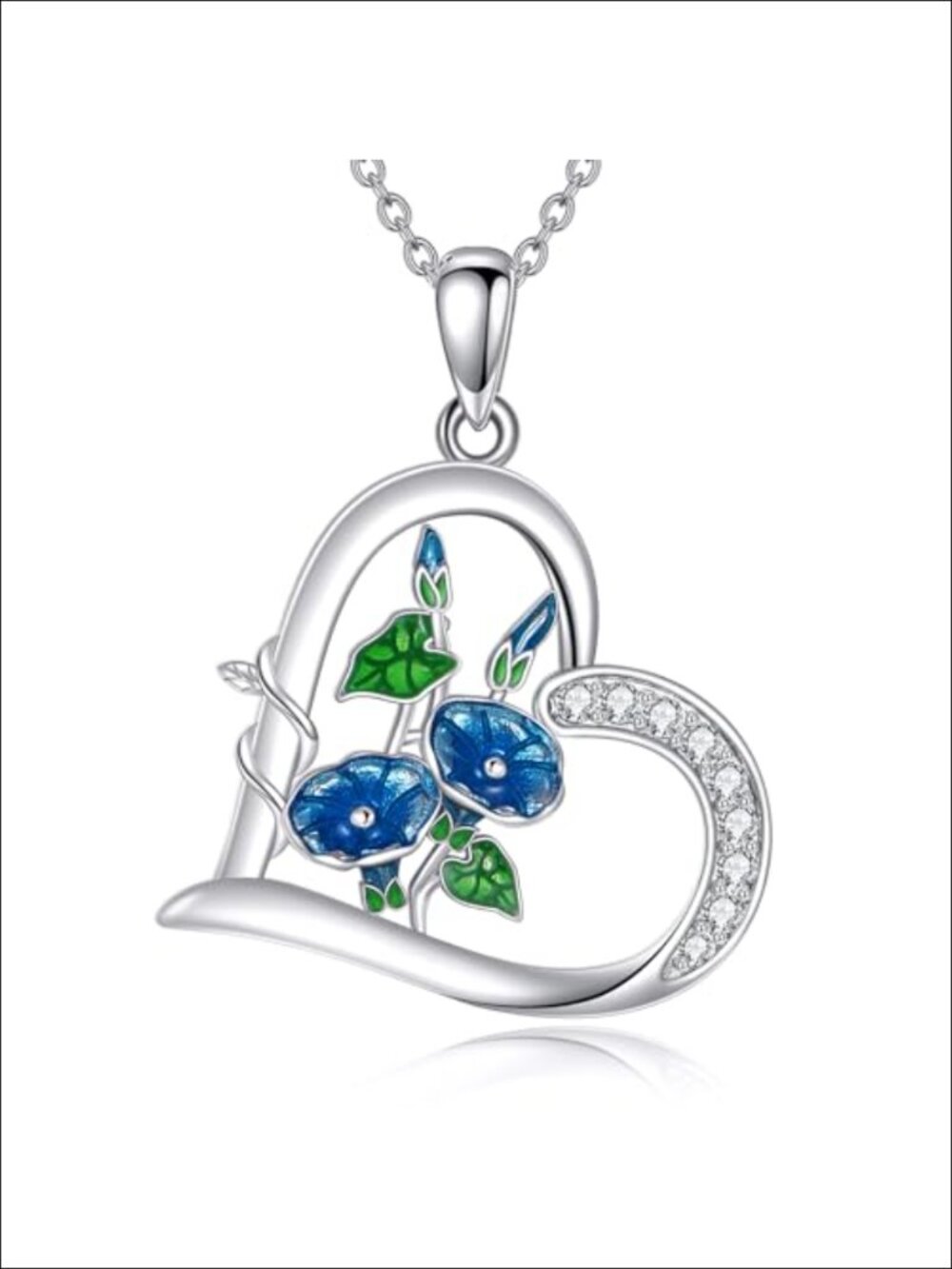 925 Sterling Silver Birth Flower Pendant Necklace, Heart Morning Glory Charm,
